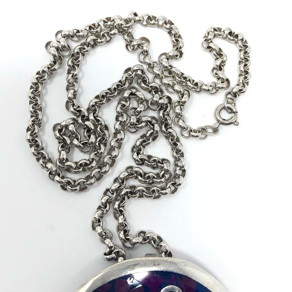 Vintage Taxco Mexico 925 silver and mosaic pendant / brooch on 835 silver chain - Picture 7 of 12